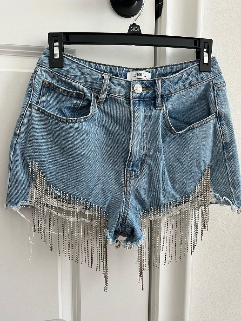 Forever 21 Light Blue Denim Fringe Chain Hem Shorts